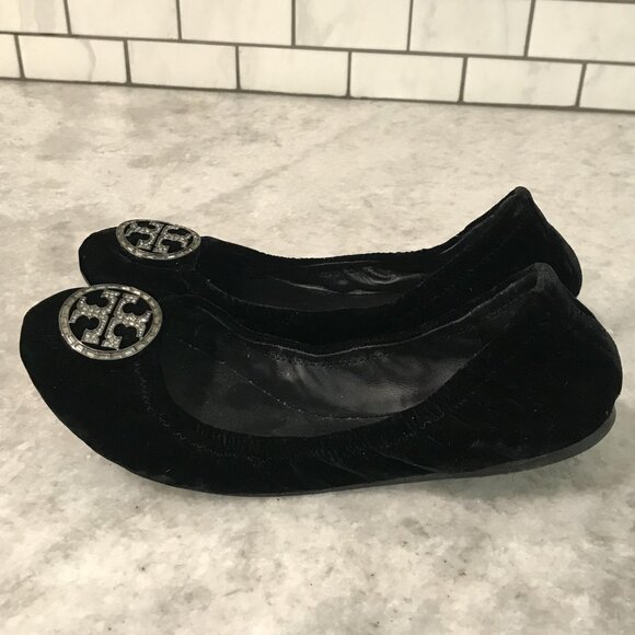 Tory Burch Shoes Womens Size 7 Black Reva Velvet Crystal Logo Ballet Flats - Picture 1 of 10